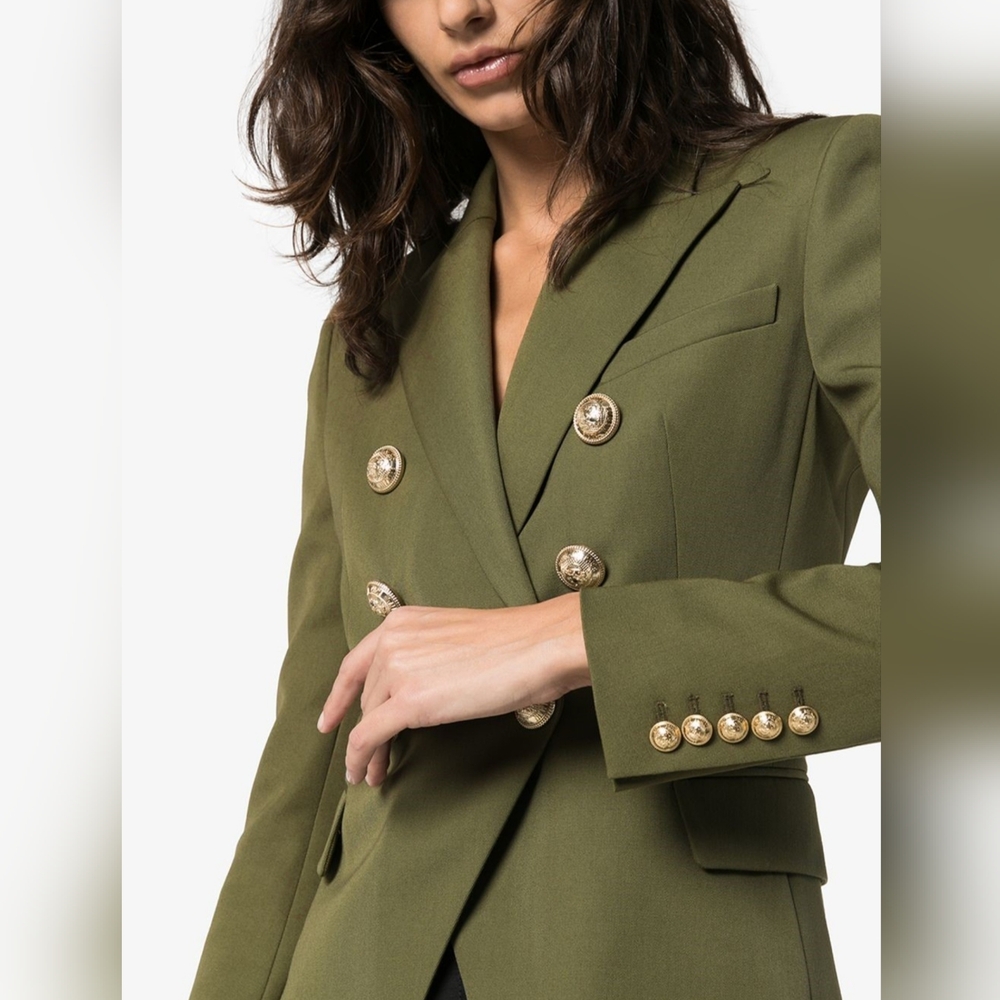 NWT Balmain Double Peaked Lapel Olive Green Wool Blazer Sz 36